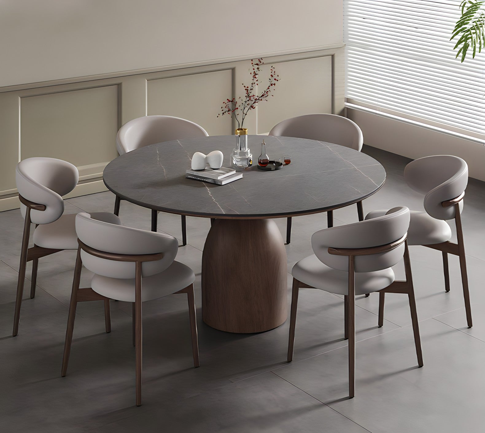 Elegant Italian minimalist solid wood round table with chairs, showcasing timeless craftsmanship and sophisticated dining room design.