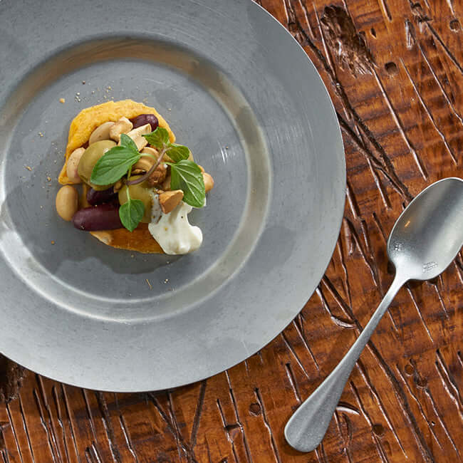 Vintage INOX round stainless steel plate with gourmet appetizer on rustic wooden table with spoon.