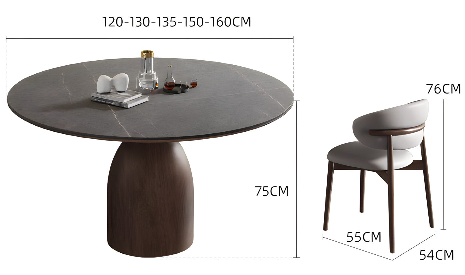 Solid wood round table with measurements and a matching chair, showcasing Italian minimalist design and elegant craftsmanship.