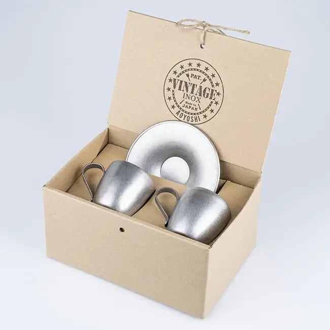 Vintage INOX cup and saucer set in packaging made from 18-8 stainless steel, made in Japan.