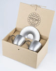 Vintage INOX cup and saucer set in packaging made from 18-8 stainless steel, made in Japan.