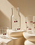 Cherry Glass Pitcher, cup and tall glass with raised red cherry accents