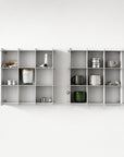 Two Stello Countertop Grid Shelves mounted on a wall holding small objects