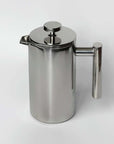 Stainless steel French press coffee pot with double-layer insulation and mirror finish.