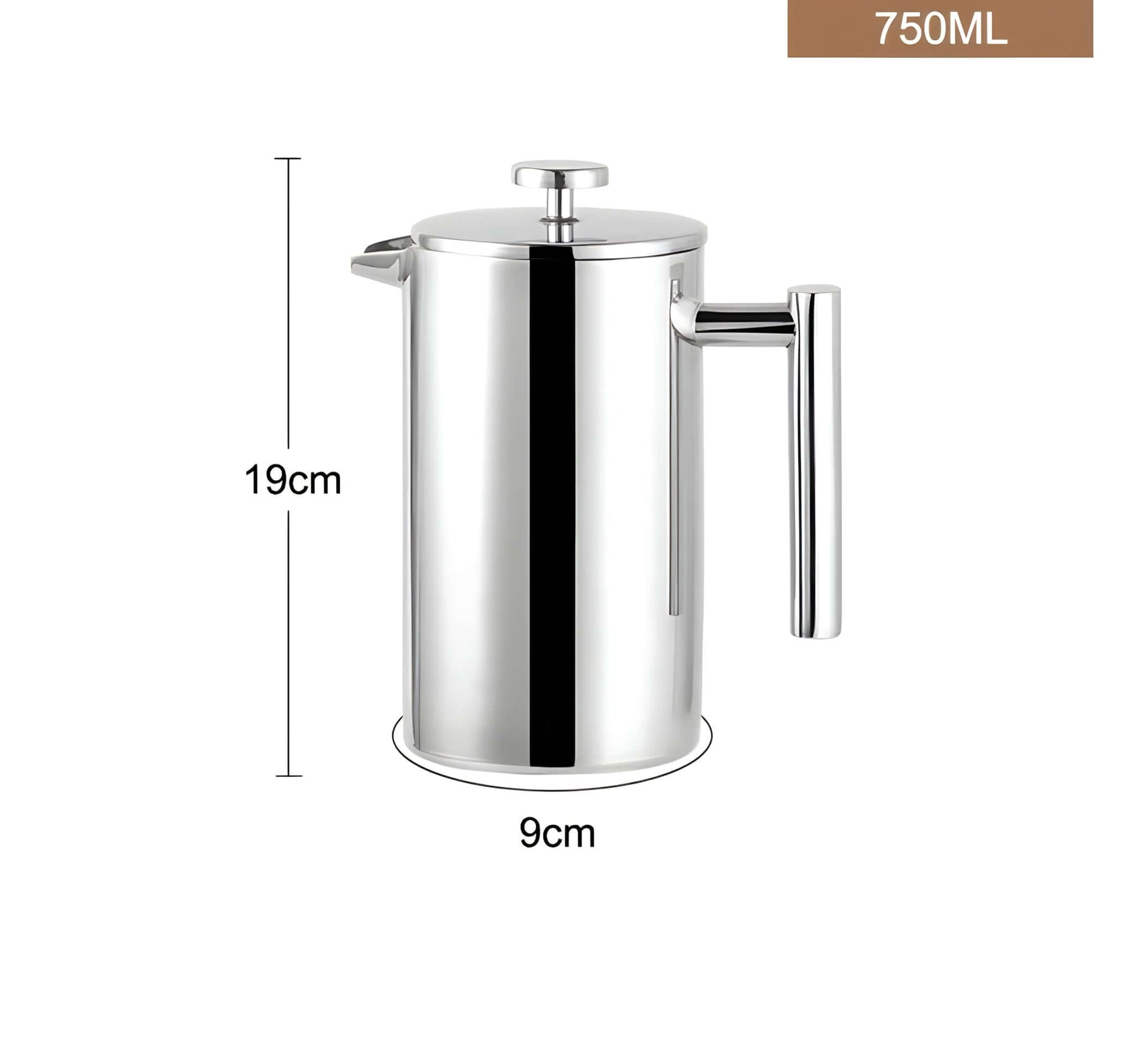 750ml stainless steel French press coffee pot with double-layer insulation and mirror finish, dimensions 19cm x 9cm.