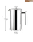 750ml stainless steel French press coffee pot with double-layer insulation and mirror finish, dimensions 19cm x 9cm.
