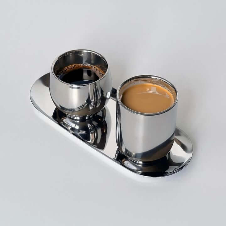 Kyoto Set with two stainless steel cups on a sleek tray, featuring a mirror finish, from LoveÉcru.