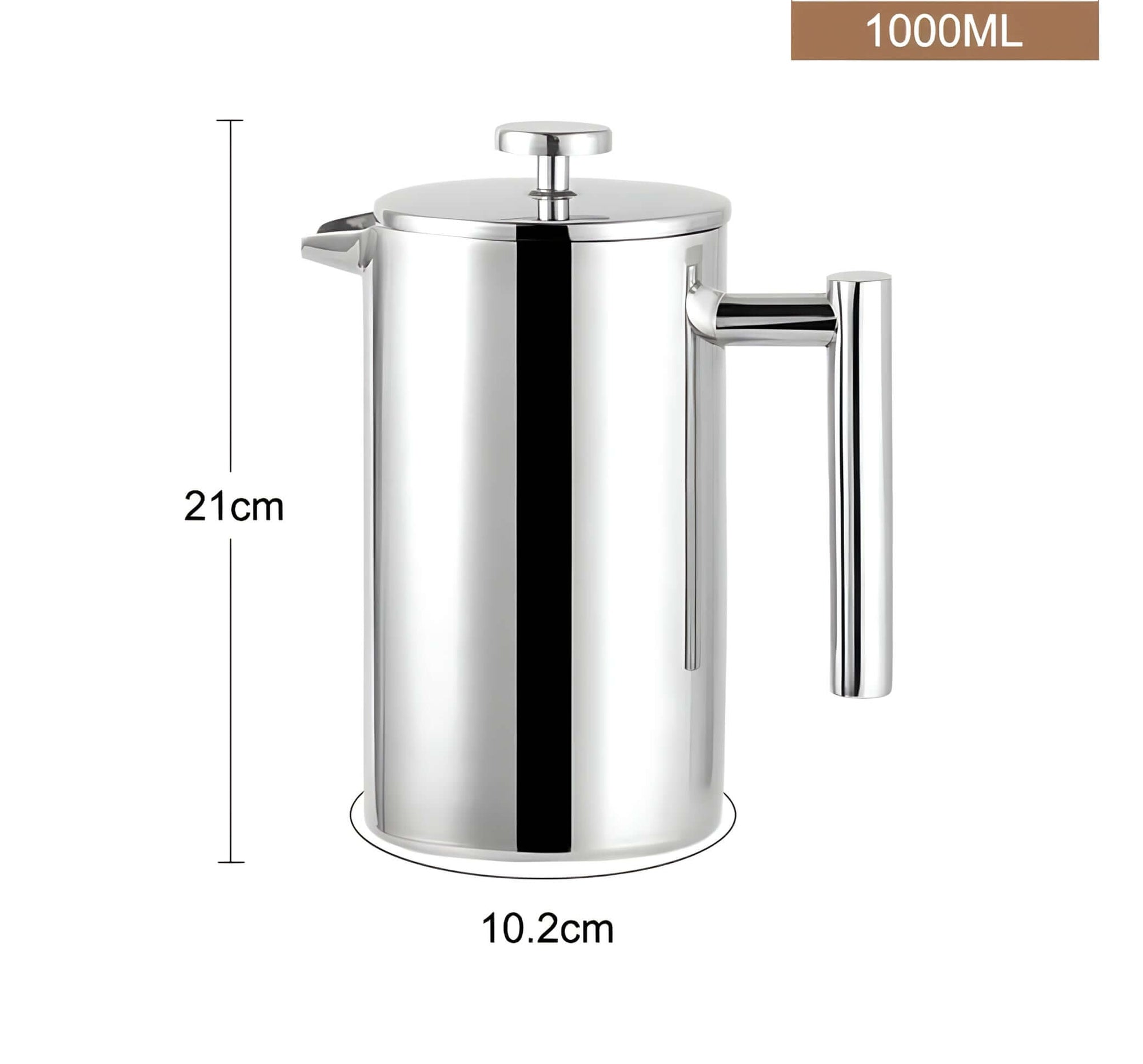 1000ml stainless steel French press coffee pot with double-layer insulation and mirror finish, sized at 21cm height and 10.2cm width.