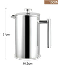 1000ml stainless steel French press coffee pot with double-layer insulation and mirror finish, sized at 21cm height and 10.2cm width.