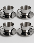 Four Monaco Mirror Sets, cups and saucers in mirror-polished steel
