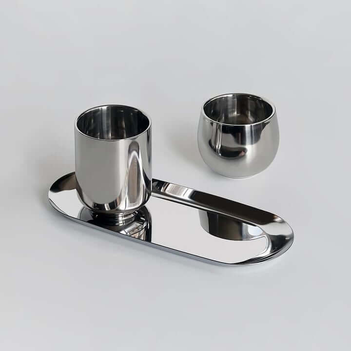 Kyoto Set stainless steel cups and tray with mirror finish from LoveÉcru.