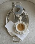 Rinka mug and plate set with coffee on a steel tray, Morning Reflection Set