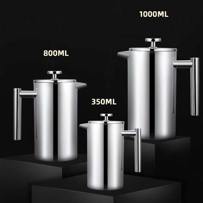 Stainless steel French press coffee pots in 350ml, 800ml, and 1000ml sizes with double-layer insulation and mirror finish.