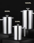 Stainless steel French press coffee pots in 350ml, 800ml, and 1000ml sizes with double-layer insulation and mirror finish.