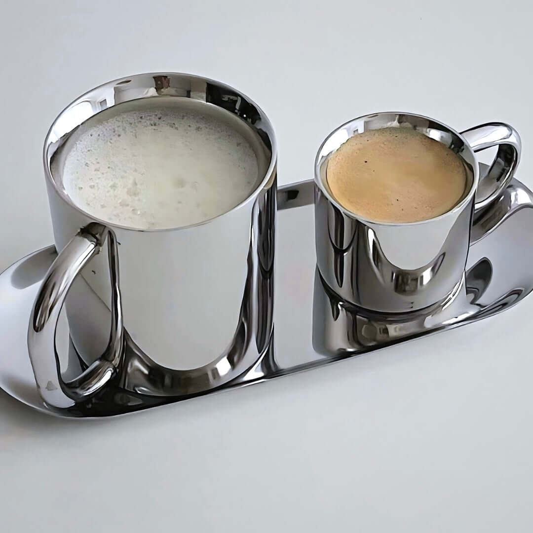 Milano Duo Set with stainless steel coffee cups and tray, showcasing sleek design and functionality for espresso and latte lovers.