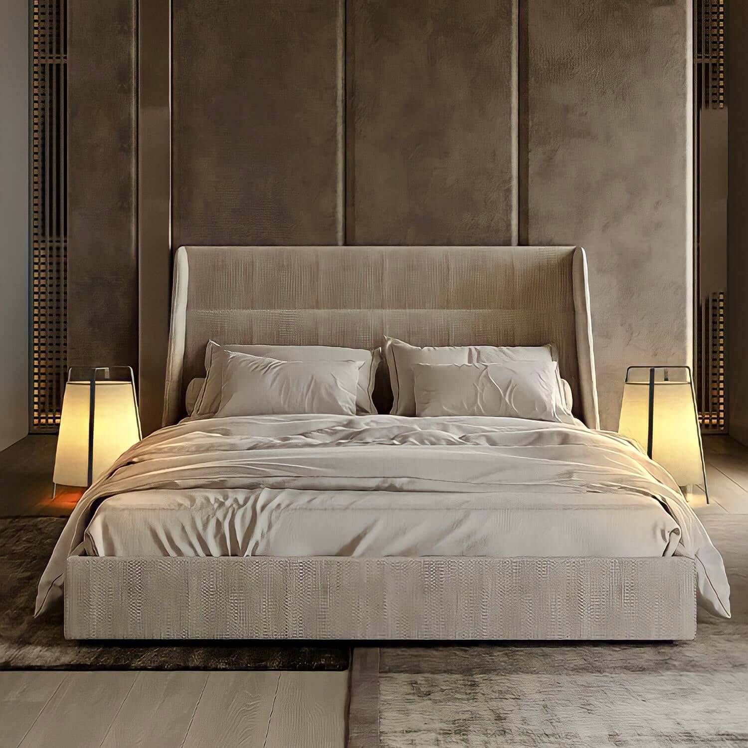 Modern bedroom with neutral tones featuring a cozy bed and two Wabi-Sabi fabric floor lamps on each side, adding elegance and tranquility.
