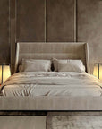 Modern bedroom with neutral tones featuring a cozy bed and two Wabi-Sabi fabric floor lamps on each side, adding elegance and tranquility.