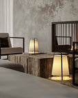 Elegant Wabi-Sabi fabric floor lamp in a serene living room, showcasing Japanese-inspired design with tranquil ambiance.
