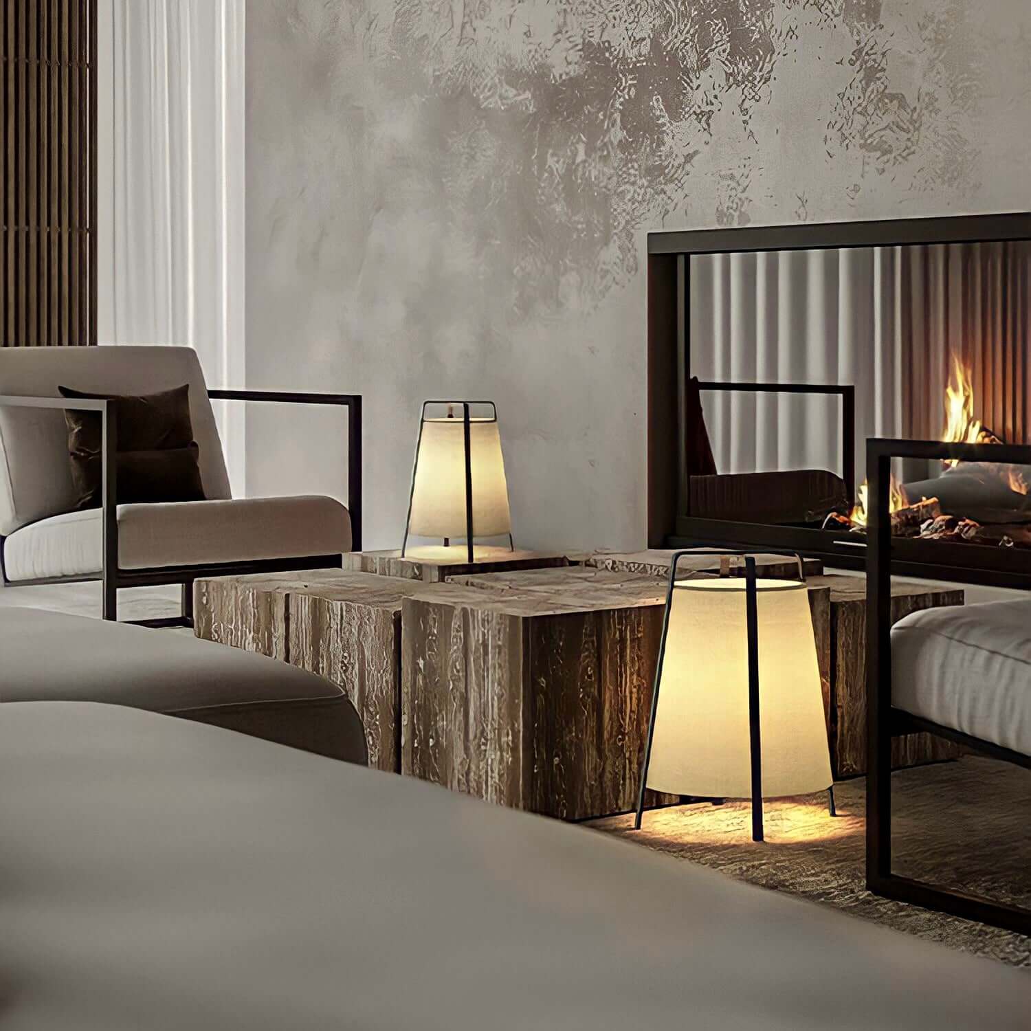 Elegant Wabi-Sabi fabric floor lamp in a serene living room, showcasing Japanese-inspired design with tranquil ambiance.