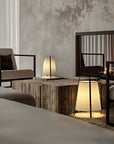 Elegant Wabi-Sabi fabric floor lamp in a serene living room, showcasing Japanese-inspired design with tranquil ambiance.