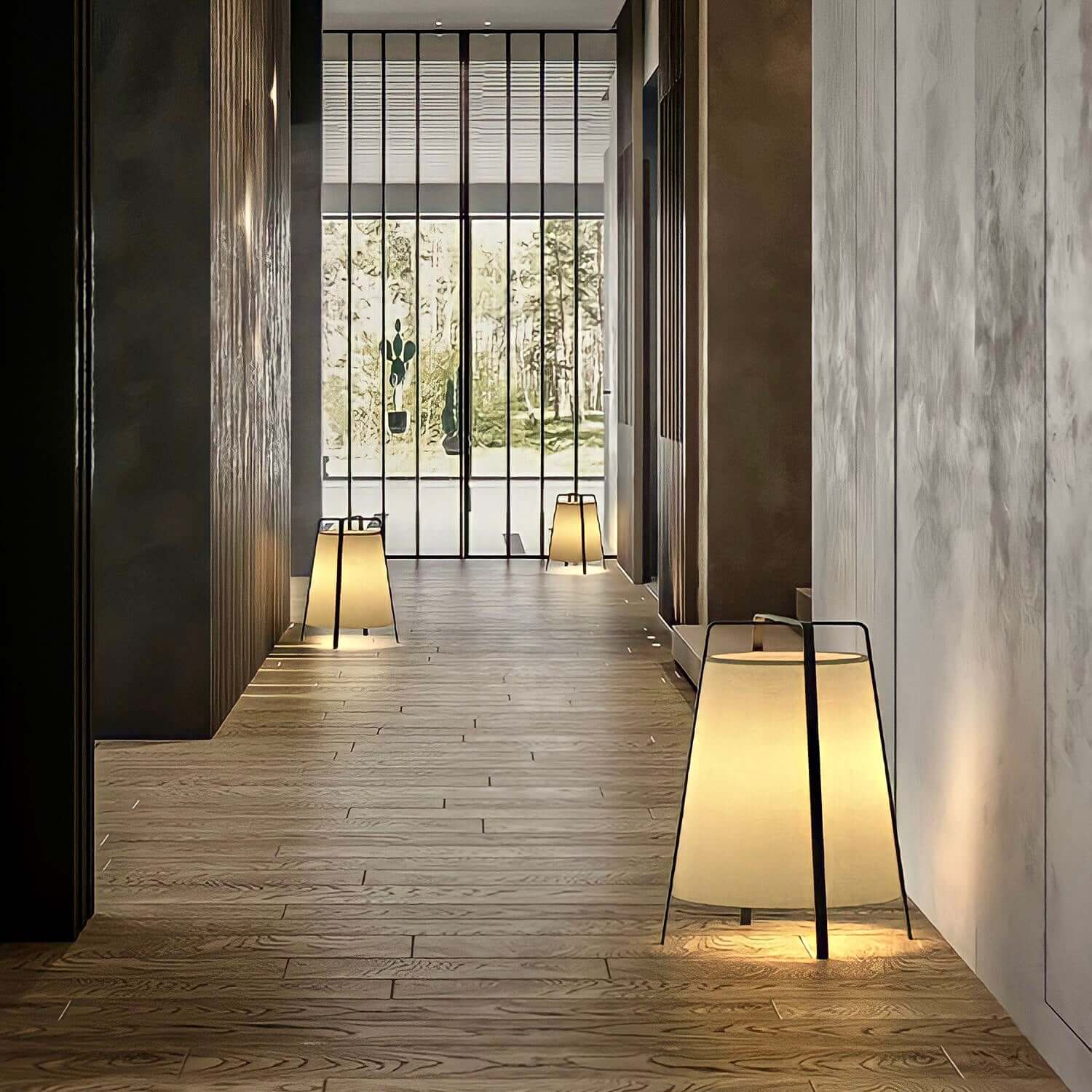 Elegant Wabi-Sabi floor lamps illuminating a modern hallway, creating a tranquil and serene atmosphere with fabric and iron design.