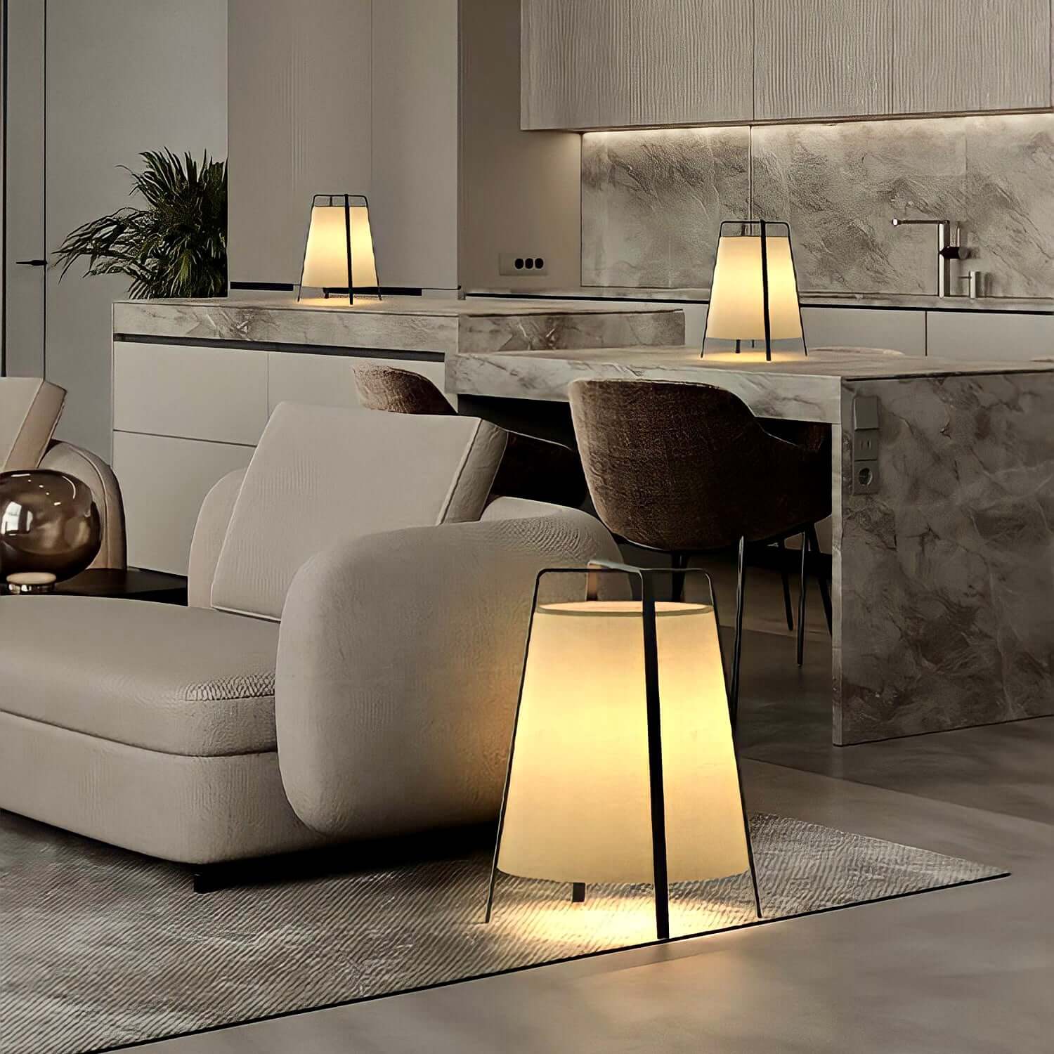 Elegant Wabi-Sabi fabric floor lamp in modern living room, adding tranquility and Japanese aesthetic to the decor.