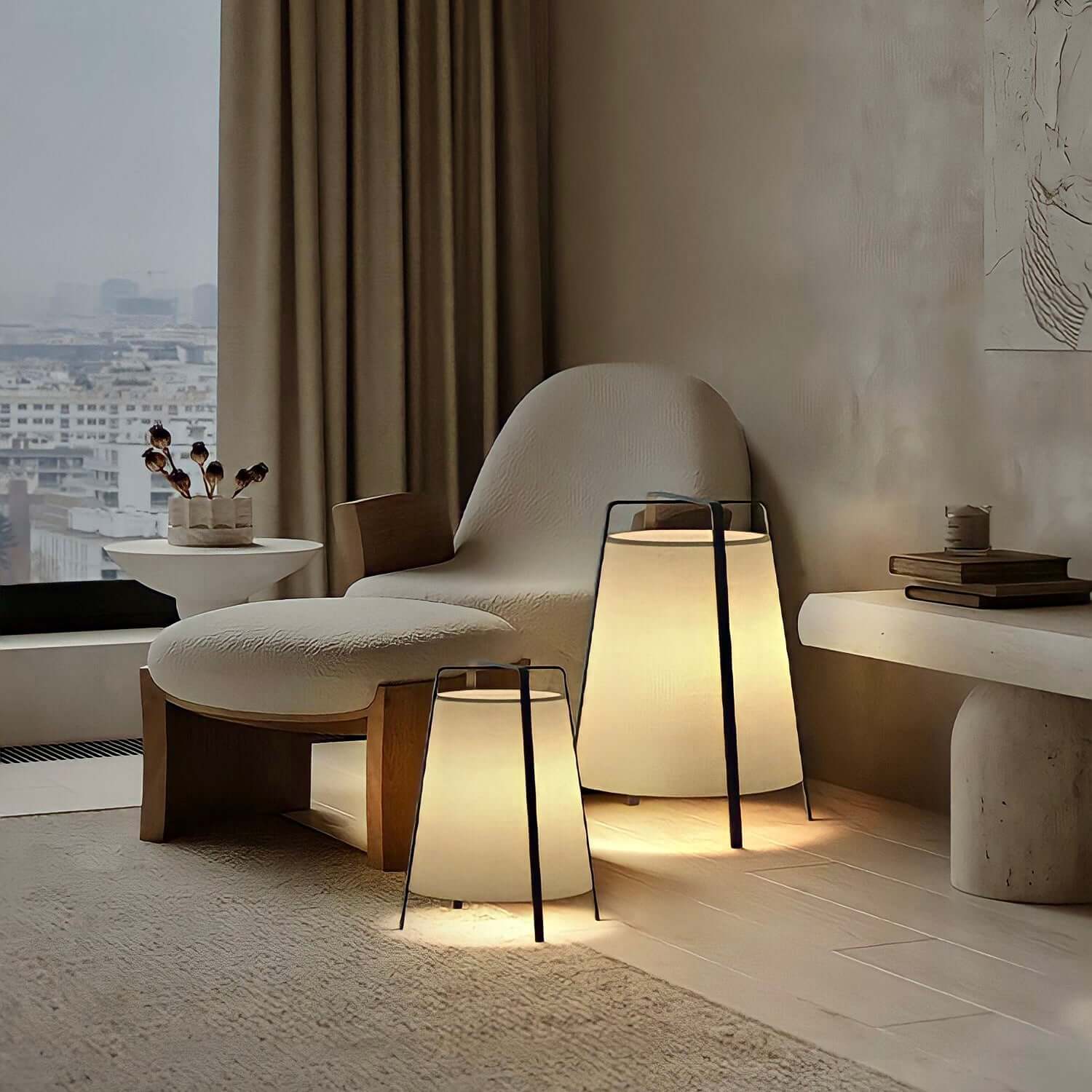 Wabi-Sabi fabric floor lamps with iron sockets, adding elegance and tranquility to a modern interior inspired by Japanese aesthetics.