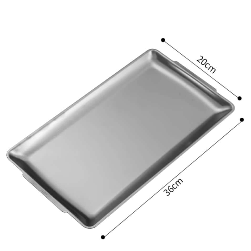 Extra large 36x20 cm industrial stainless steel tray, ideal for serving main courses. Sleek, modern design for versatile home use.