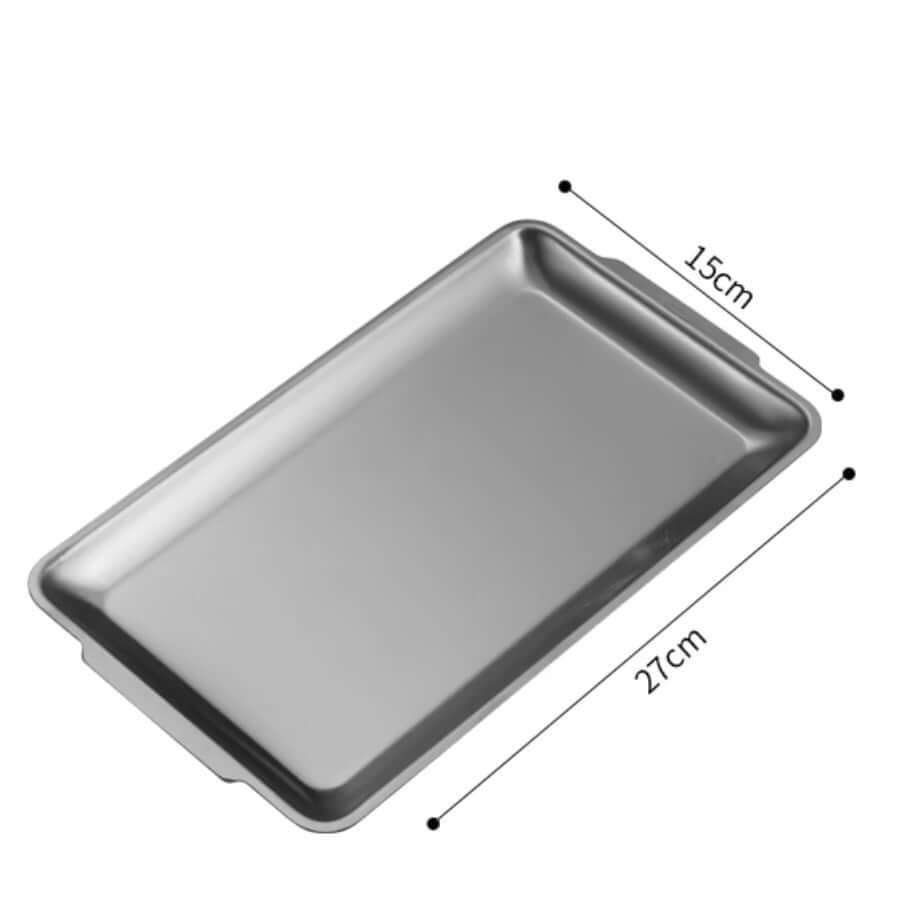 Medium stainless steel serving tray, 27 x 15 cm, with modern minimalist design for appetizers, made from premium 304 stainless steel.