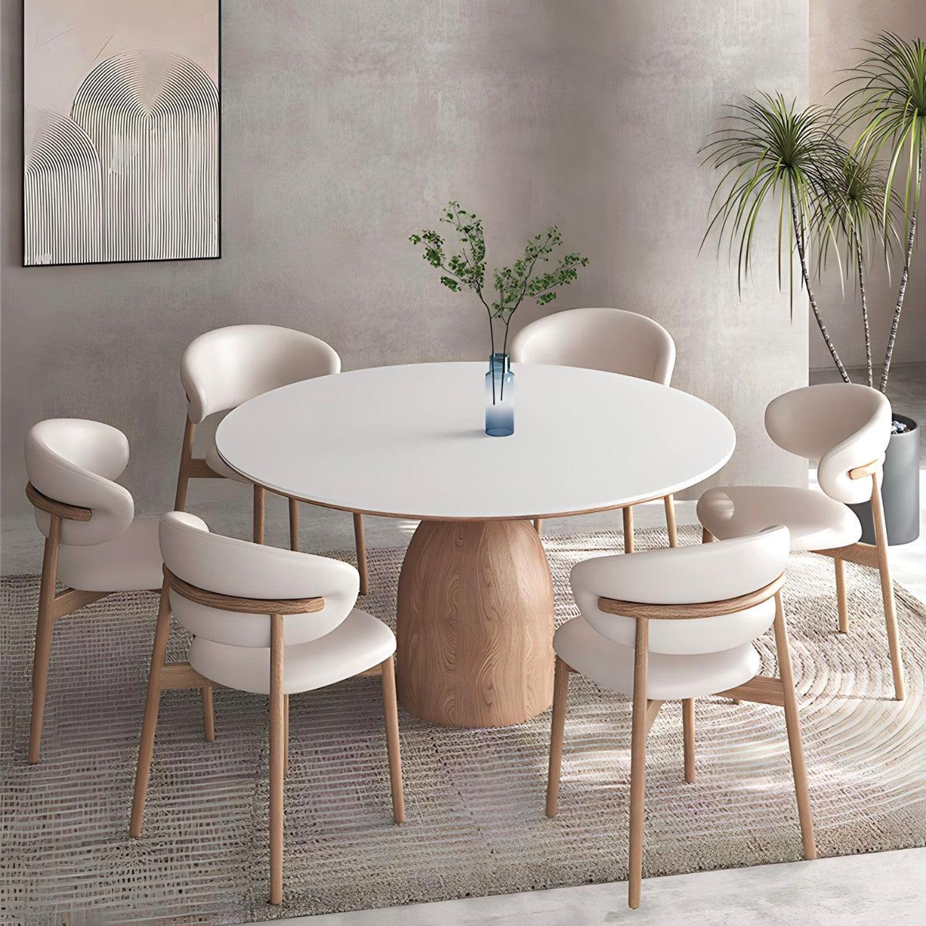 Elegant solid wood round table with white top and six chairs, featuring minimalist Italian design in a stylish dining room setting.
