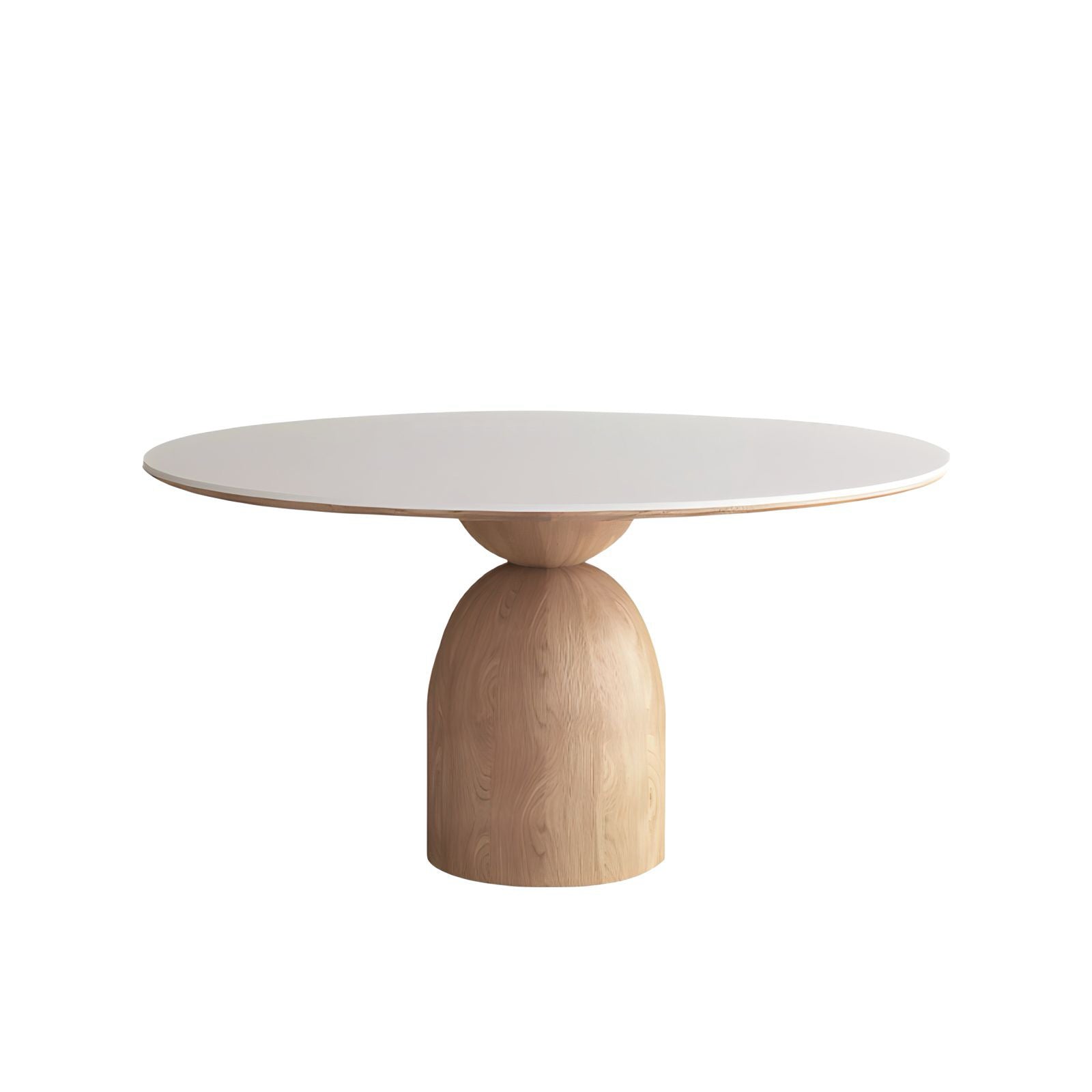 Elegant solid wood round table with minimalist Italian design featuring a gracefully tapered base and large round top.