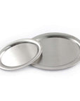 Stainless steel plates with matte finish, part of exclusive collection, perfect for versatile use and safe for all foods.