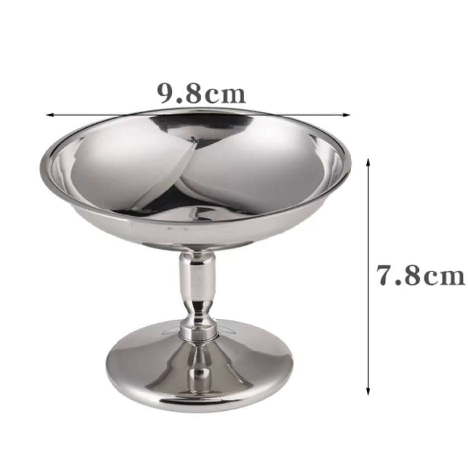 Elegant stainless steel dessert cup with dimensions, perfect for showcasing desserts and versatile for jewelry display.