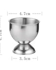 Stainless steel egg holder with dimensions labeled, featuring an elegant matte finish design, perfect for kitchen decor.