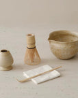 Hand-Glazed Matcha Ritual Set in Warm Sand: bowl, whisk, holder, scoop and cloth