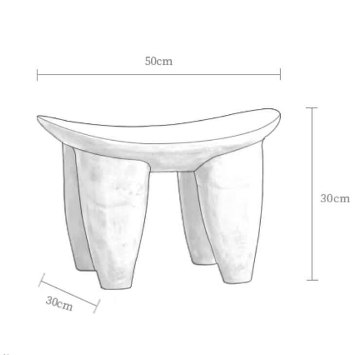 African Senufo Wood Milk Stool dimensions illustration with retro curved seat and handcrafted design.