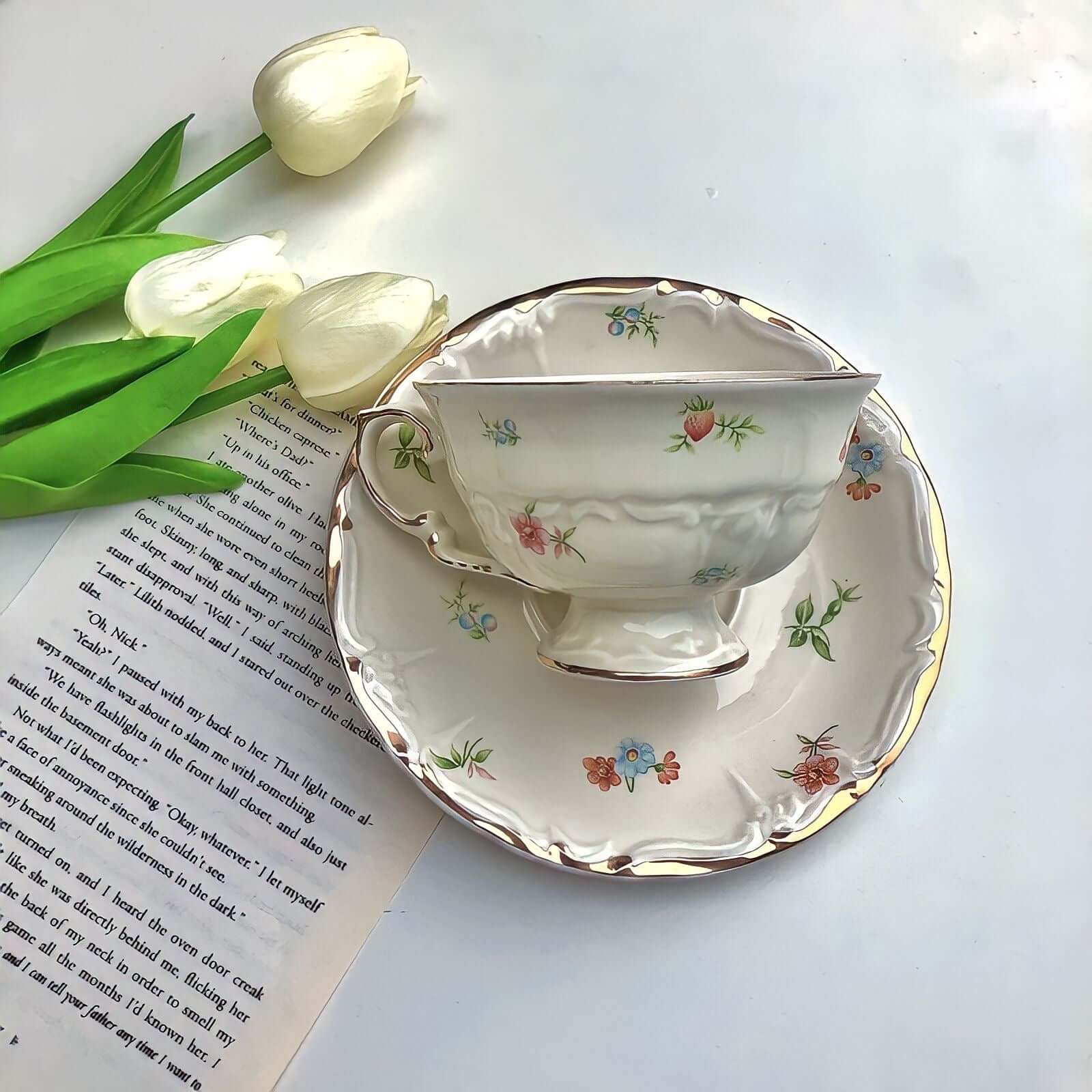 Retro French Blossom Cup & Saucer Set with Floral Design and Matching Spoon, Chic de Fleurs Collection, Handmade Porcelain Tableware