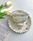 Retro French Blossom Cup & Saucer Set with Floral Design and Matching Spoon, Chic de Fleurs Collection, Handmade Porcelain Tableware