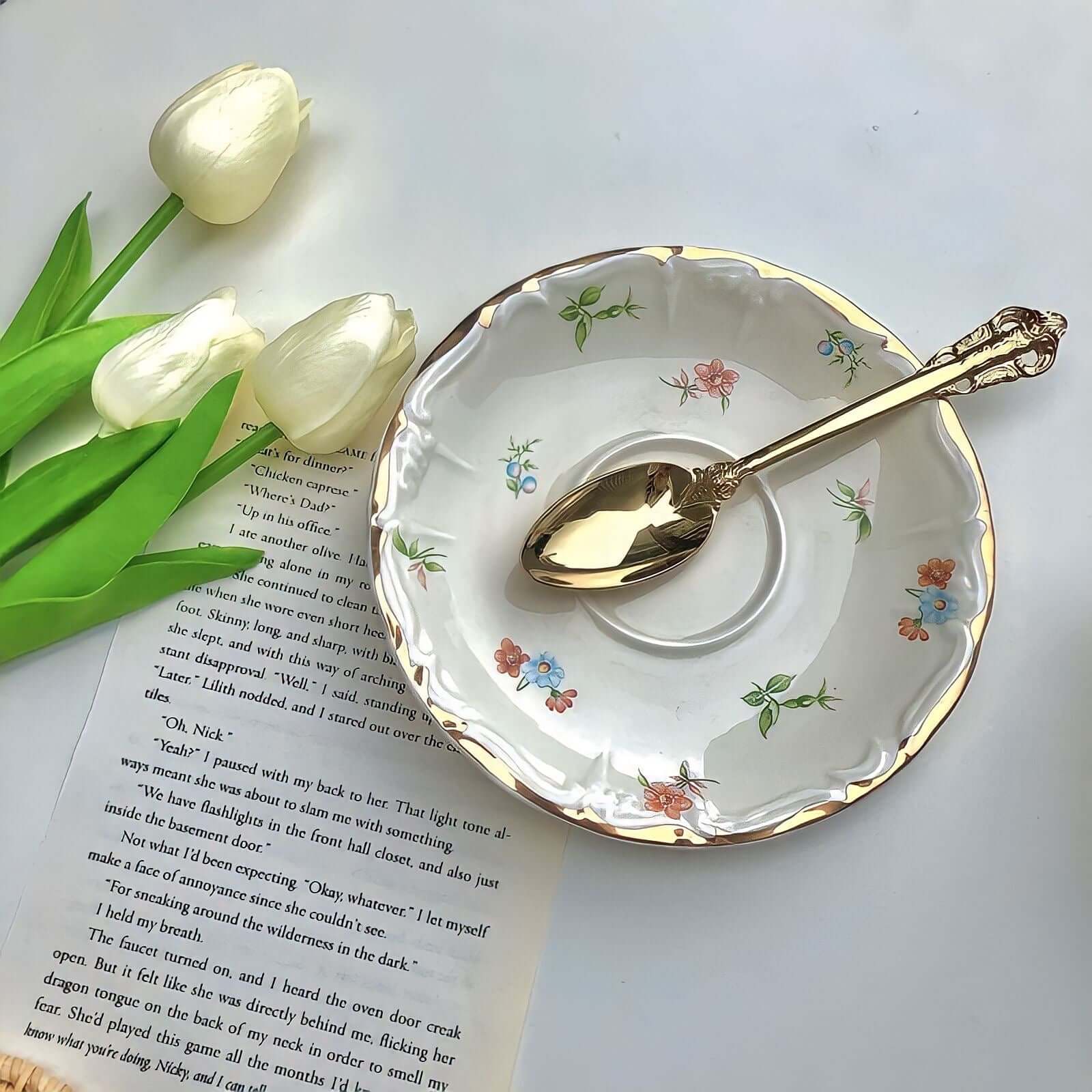 Retro French blossom saucer and spoon set with floral design, Chic de Fleurs.