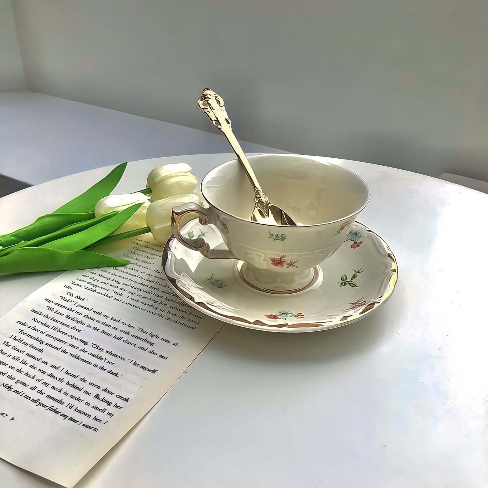 Retro French Blossom Cup & Saucer Set with Spoon on Table - Chic de Fleurs, Handmade, Free Shipping, Dishwasher Safe, 200ml Capacity