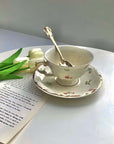 Retro French Blossom Cup & Saucer Set with Spoon on Table - Chic de Fleurs, Handmade, Free Shipping, Dishwasher Safe, 200ml Capacity