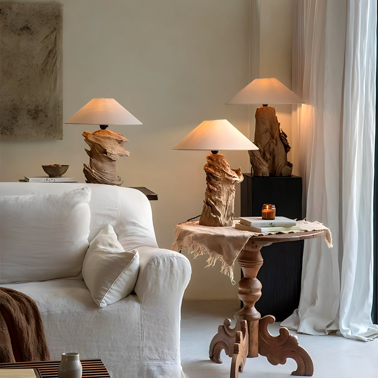 Elegant custom-crafted wooden lamps in a cozy living room setting, showcasing unique designs and warm lighting ambiance.