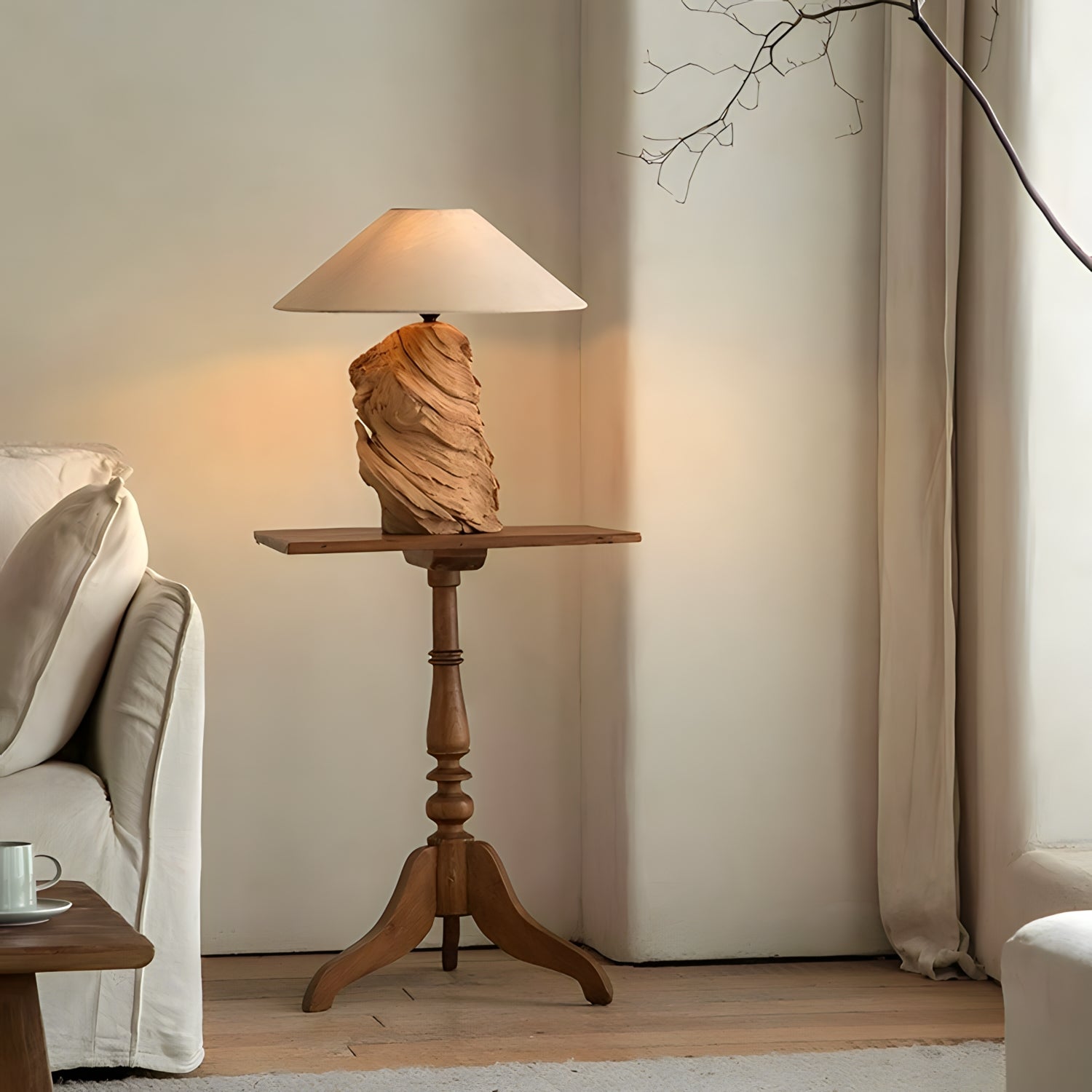 Custom-crafted wooden lamp on a wooden table in a cozy living room setting, showcasing unique design and warm lighting.