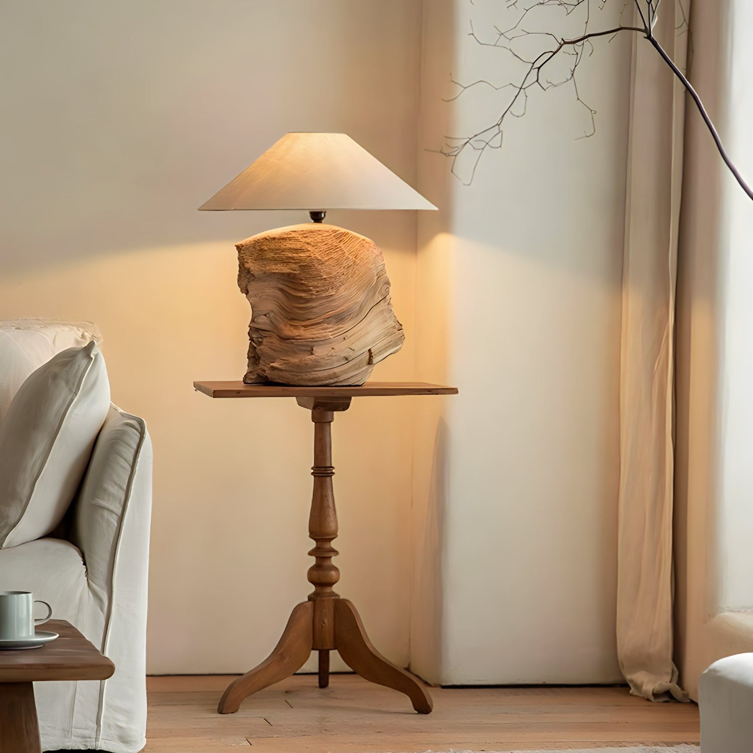 Custom-crafted wooden lamp on elegant wooden table in cozy living room setting with soft lighting.