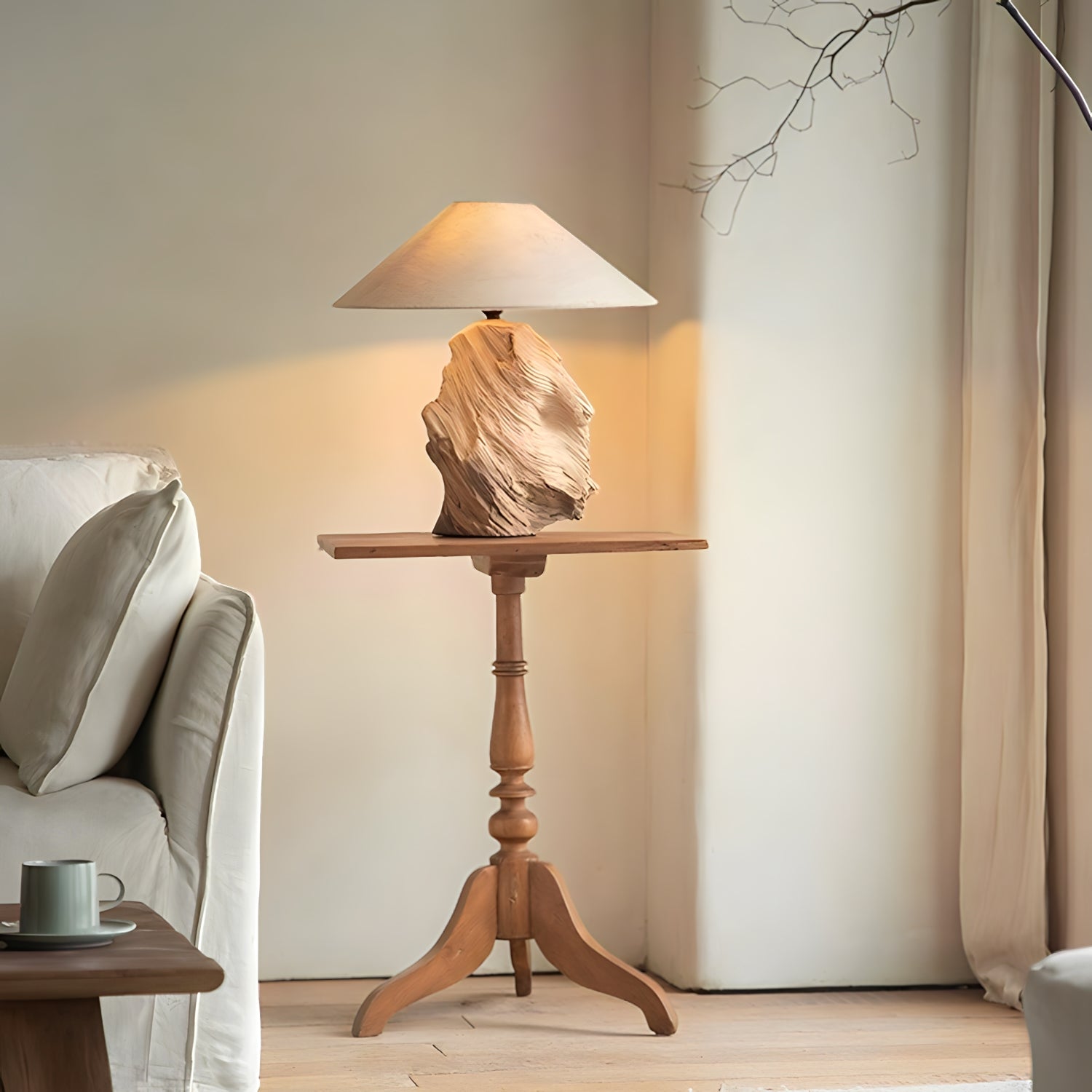 Custom-crafted wooden lamp on vintage wooden table in cozy living room setting