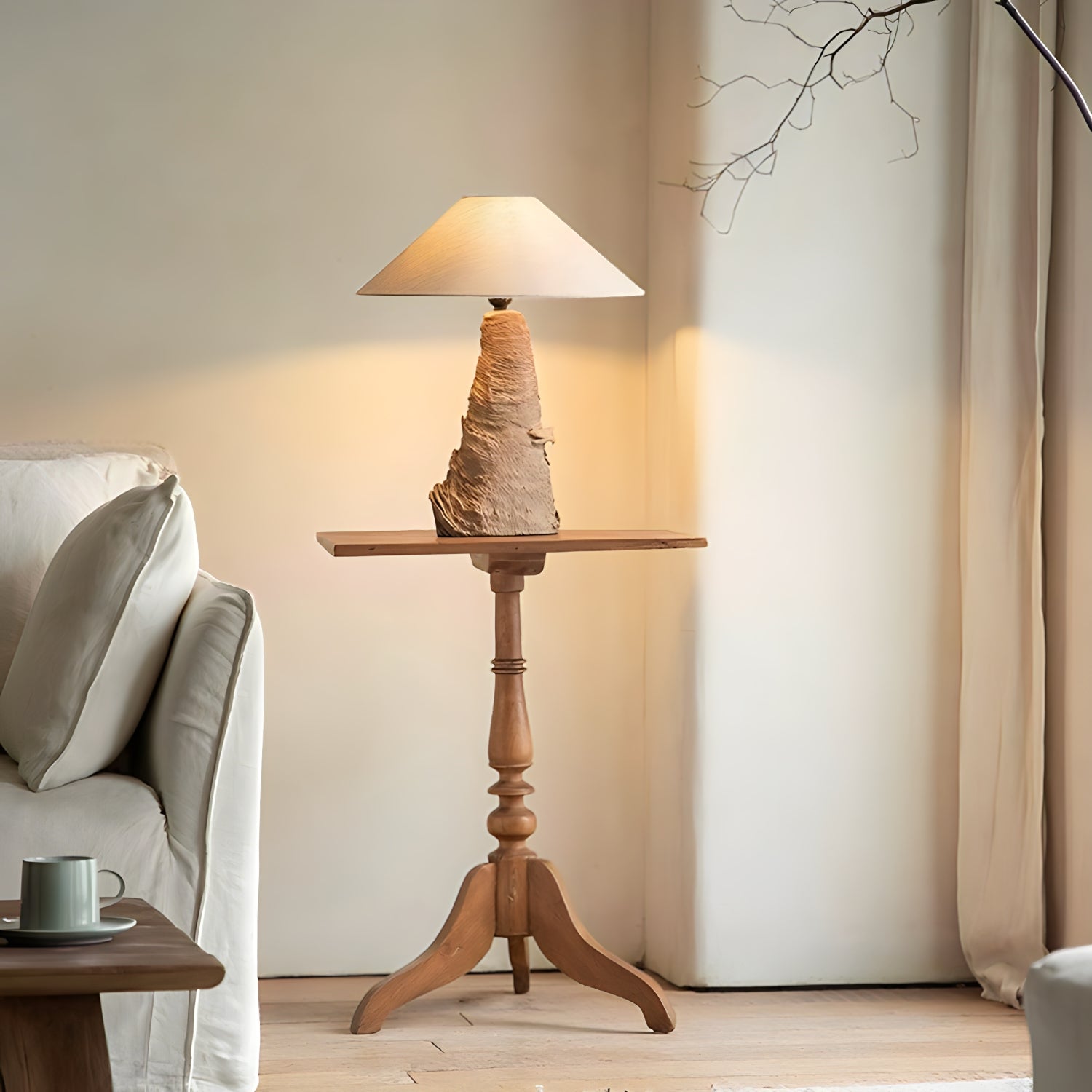 Custom-crafted wooden lamp on elegant wooden stand in cozy living room setting.