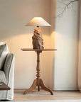 Custom-crafted wooden lamp on a wooden table in cozy living room setting