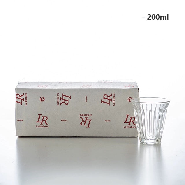 Zinc Coffee Glass Cup with ridged design and 200ml capacity next to branded box, inspired by French brasserie counter tops.