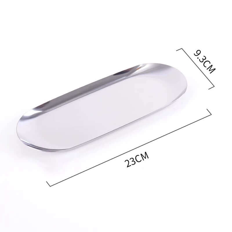Minimalism steel tray with chic design, crafted from premium stainless steel, measuring 23cm by 9.3cm, ideal for serving and display.