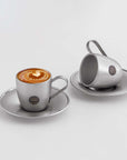 Vintage INOX stainless steel cup and saucer set with latte art, elegant design, made in Japan, recommended for handwashing.